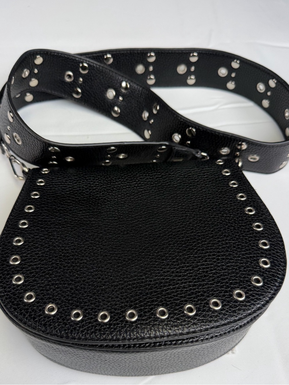 Steve Madden Black Pebbled Satchel with Silver Eyelet Grommet Trim - beautiful